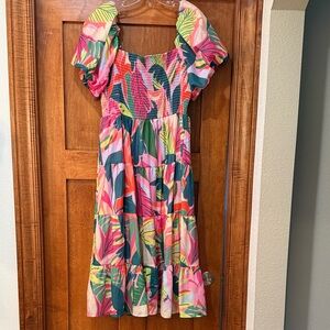 Crystal Doll Tropical Print Puff-Sleeve Midi Dress in Pink, Green, Coral